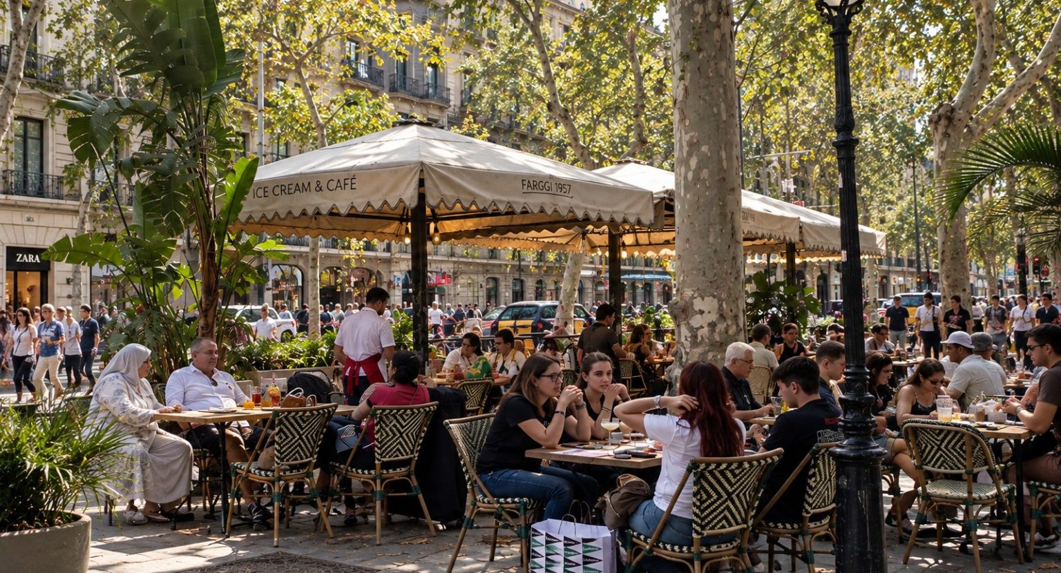 Busy café terrace with umbrellas and trees on a Barcelona boulevard