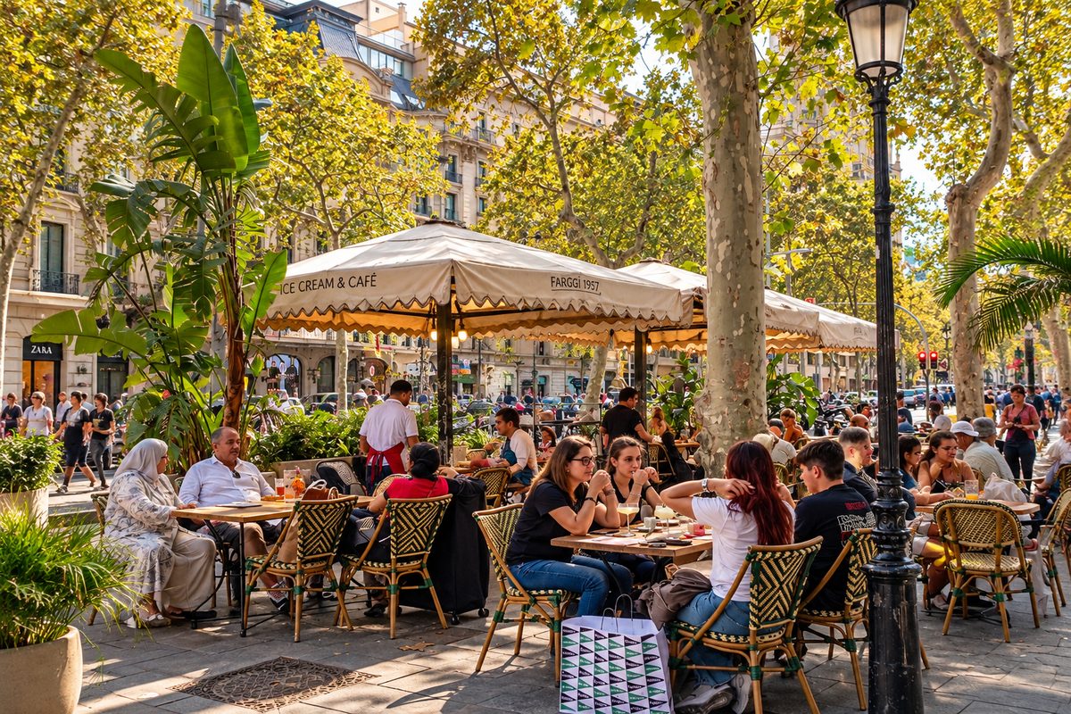 Beyond the Landmarks: Experience Barcelona Like a Local | Diners on a sunny café terrace in Barcelona, watching the street life