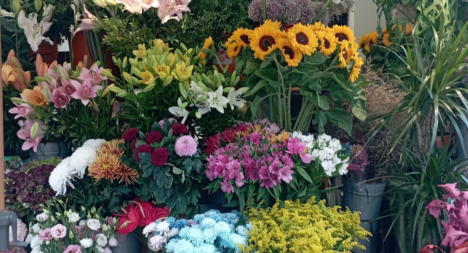 Bright bouquets at a Barcelona flower stall, linked to Sant Jordi roses